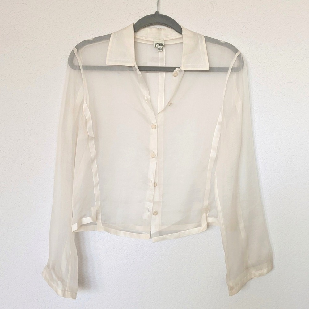 VTG Gianfranco Ferre 100% Silk Sheer Organza Blouse Size 48 Cream Italian Luxury